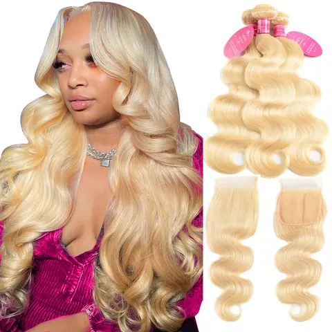 Beauty Queen 613 Blonde Brazilian Remy Wavy Human Hair Weave Extensions - 3 Bundles with 4×4 Lace Front Wig Closure, 360 Lace Frontal, P4/27 Body Wave, 14-30 Inches, Silky Smooth, Color-Dyeable, Free Shipping