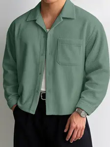 INCERUN Men's Fashion Simple Corduroy Texture Long Sleeve Short Shirt, Top, Menswear, Perfect for Daily Wear, Stylish and Comfortable Casual Clothing, Casual Fitted Shirt, Casual Collared Shirt