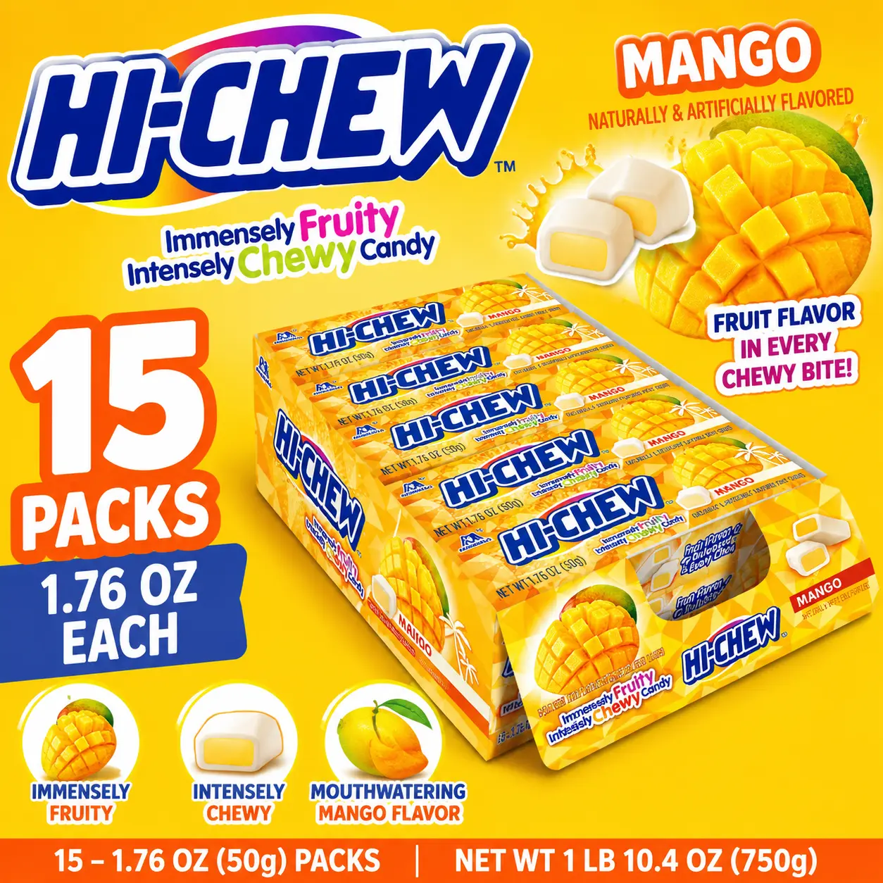 Hi-Chew Mango Fruit Candy 1.76 oz 15 Count  Soft & Chewy Mango Gum Candy | Japanese Candy Favorite for Snacking & Sharing
