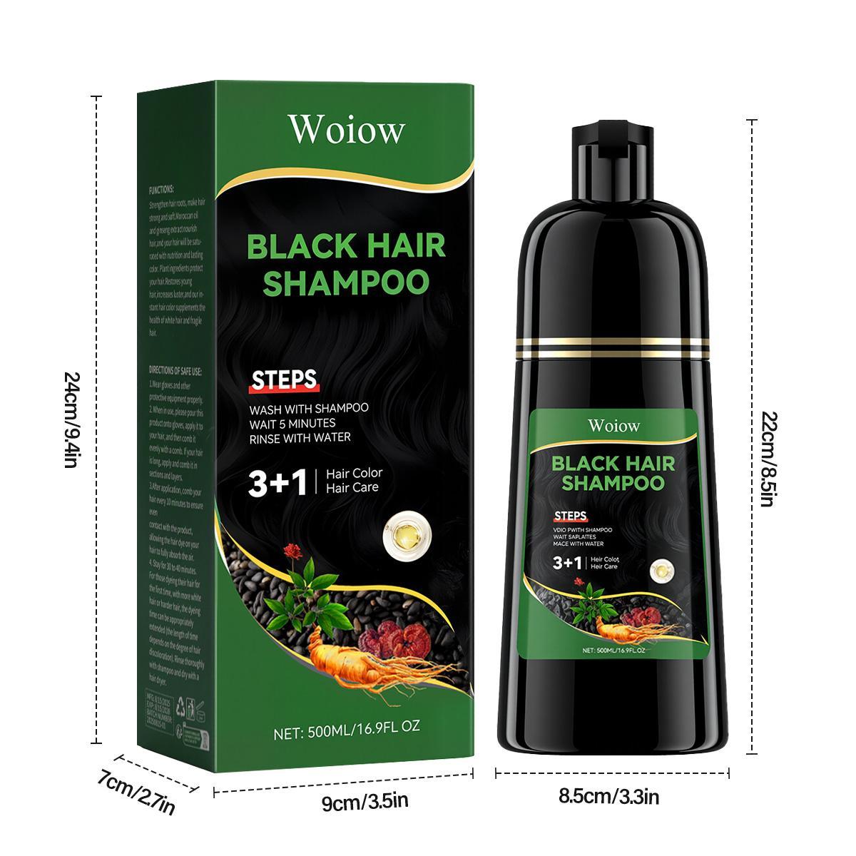 Woiow Black 3-in-1 Hair Dye Shampoo - Haircare Product with Herbal Plant Ingredients, Ginseng Extract, Gray Hair Coverage, Natural Coloring, Conditioner, Restore Function, Ideal Gift Option