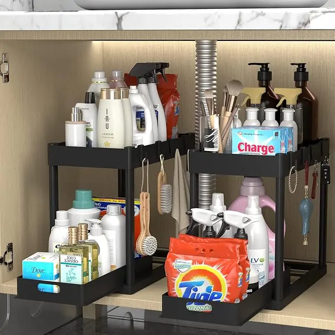 2PCS Under Sink Organizer Rack 2 Tier Under Sliding Cabinet Basket Organizer Drawer with 4 Hooks, Multi-purpose Under Sink Storage for Bathroom Kitchen Desktop（Black）