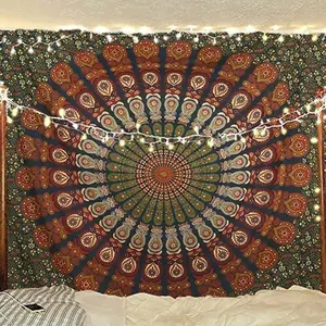 Indian Hippie Bohemian Peacock Mandala Wall Hanging, College Dorm Beach Tablecloth Bedding, Pull Flag Banner, No Power Needed