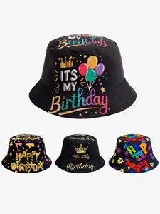 1PC colorful birthday letter pattern fisherman hat for men and women, featuring fashionable and casual printed party bucket hat design. Suitable for birthday celebrations, photography and outdoor activities.