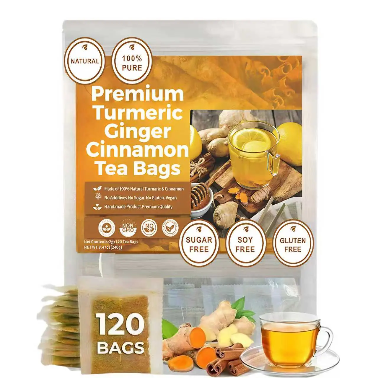 120 Tea Bags - Turmeric Ginger Cinnamon Tea - 100% handmade,Eco-conscious Bags|No Sugar,No Caffeine,No Gluten,Chinese Health Tea，Natural Herbs Tea，Herbal Tea Blend