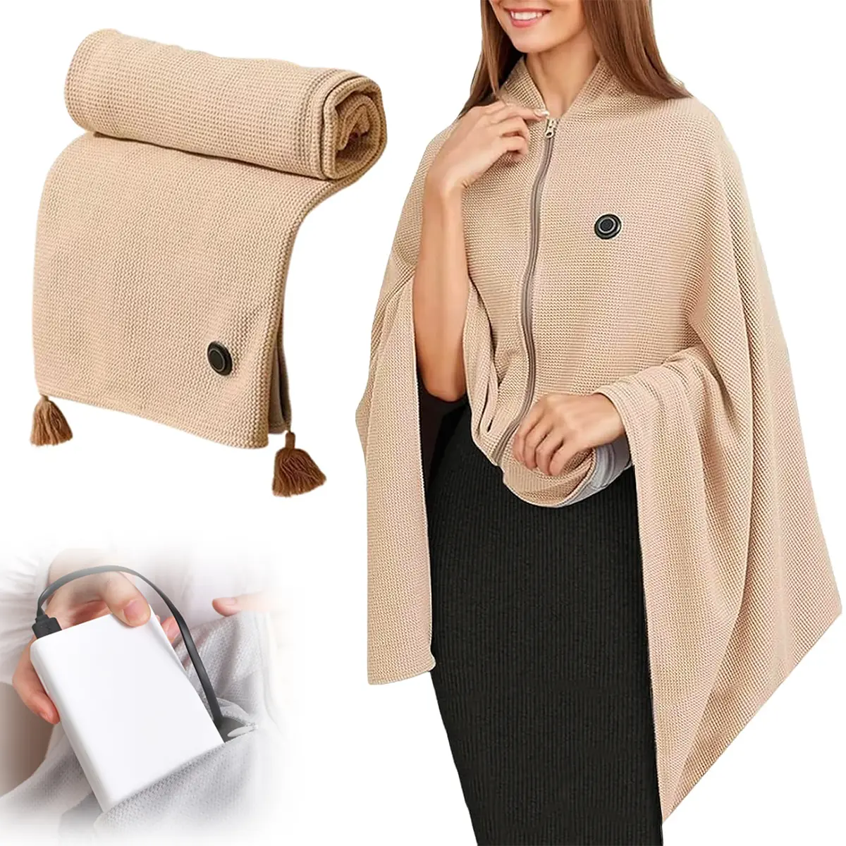 Wearable USB Heating Blanket – 3-Level Heat Electric Shawl for Women, Portable Wireless Heated Wrap for Office, Camping & Travel