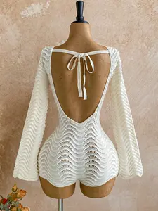 Women Boho Elegant White Crochet Knit Romper Summer Lightweight Breathable Hollow Out Long Flare Sleeve Backless Tie Up One Piece Jumpsuit Beach Vacation Bohemian Bodysuit Casual See Through Knitted Playsuit