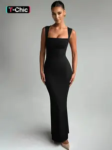 Women's Solid Color Square Neck Bodycon Tank Dress, Elegant Sleeveless Long Dress for Party Night Out Holiday, Ladies Summer Clothes