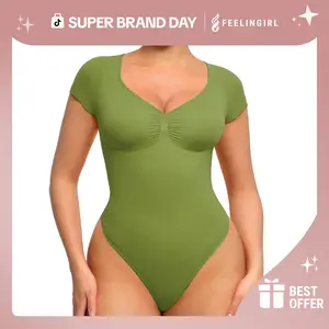 FeelinGirl Women's Short Sleeve Bodysuit for Tummy Control V Neck Seamless Body Suits Thong Going Out Tops Shapewear Womenswear Compression Elegant Fitted Super Brand Day #Summervibes