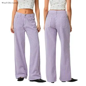 Women's sweet and lovely lavender striped wide-leg jeans - high-waisted purple and white striped jeans, casual summer outfit (S-L)
