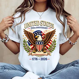 United States 250th Anniversary Eagle And Flag Print T Shirt White Casual Loose Fit For Everyday Wear And Outdoor Activities