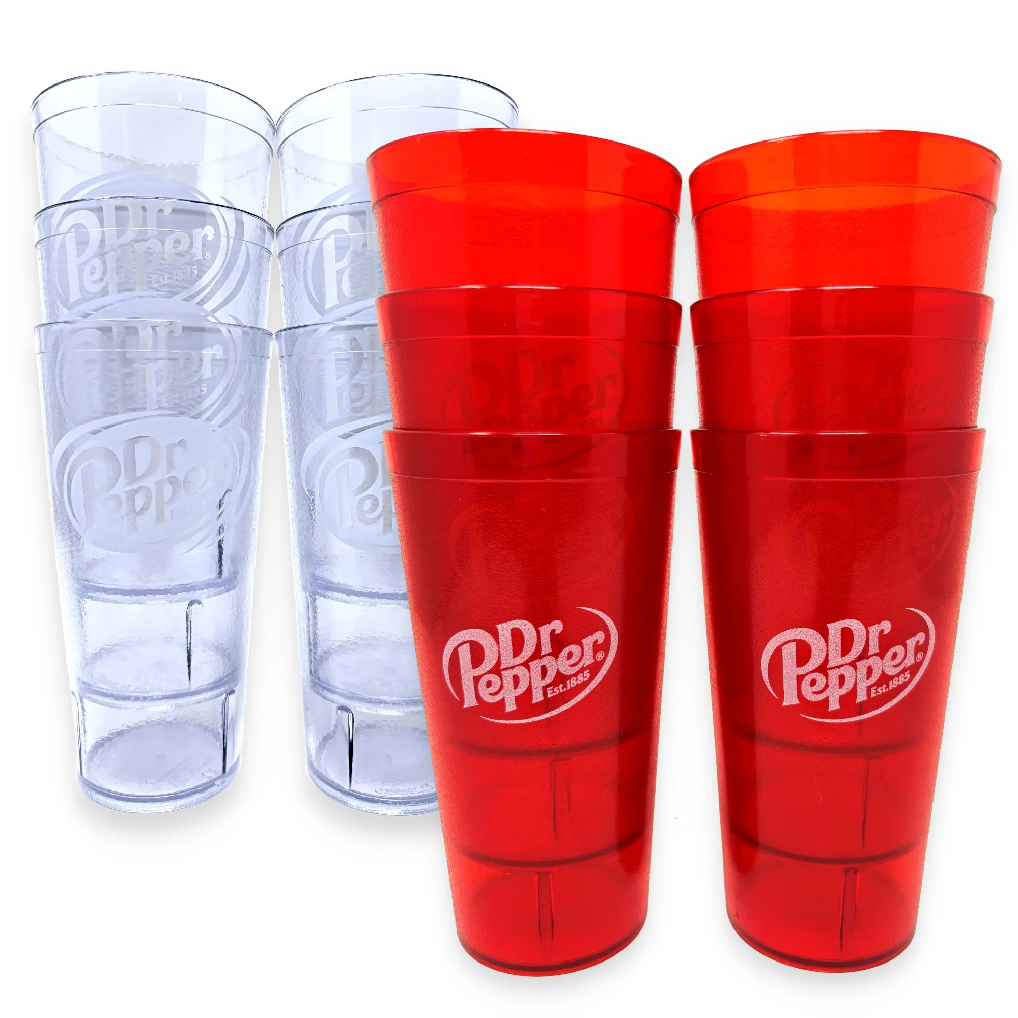 The Kitchen Boutique Red & Clear Dr. Pepper Tumblers, 20oz/24oz/32oz – 2,4, or 6 Pack - Heavy-Duty, Shatterproof, Reusable, Stackable, BPA Free