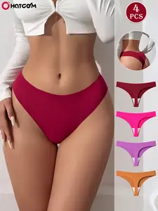 Hotcom Women's 4-Pcs Seamless Drop Waist Thong Panties - Sexy, Soft, Comfy, Breathable, Smooth Elegant Women's Underwear for Everyday All-Season Wear