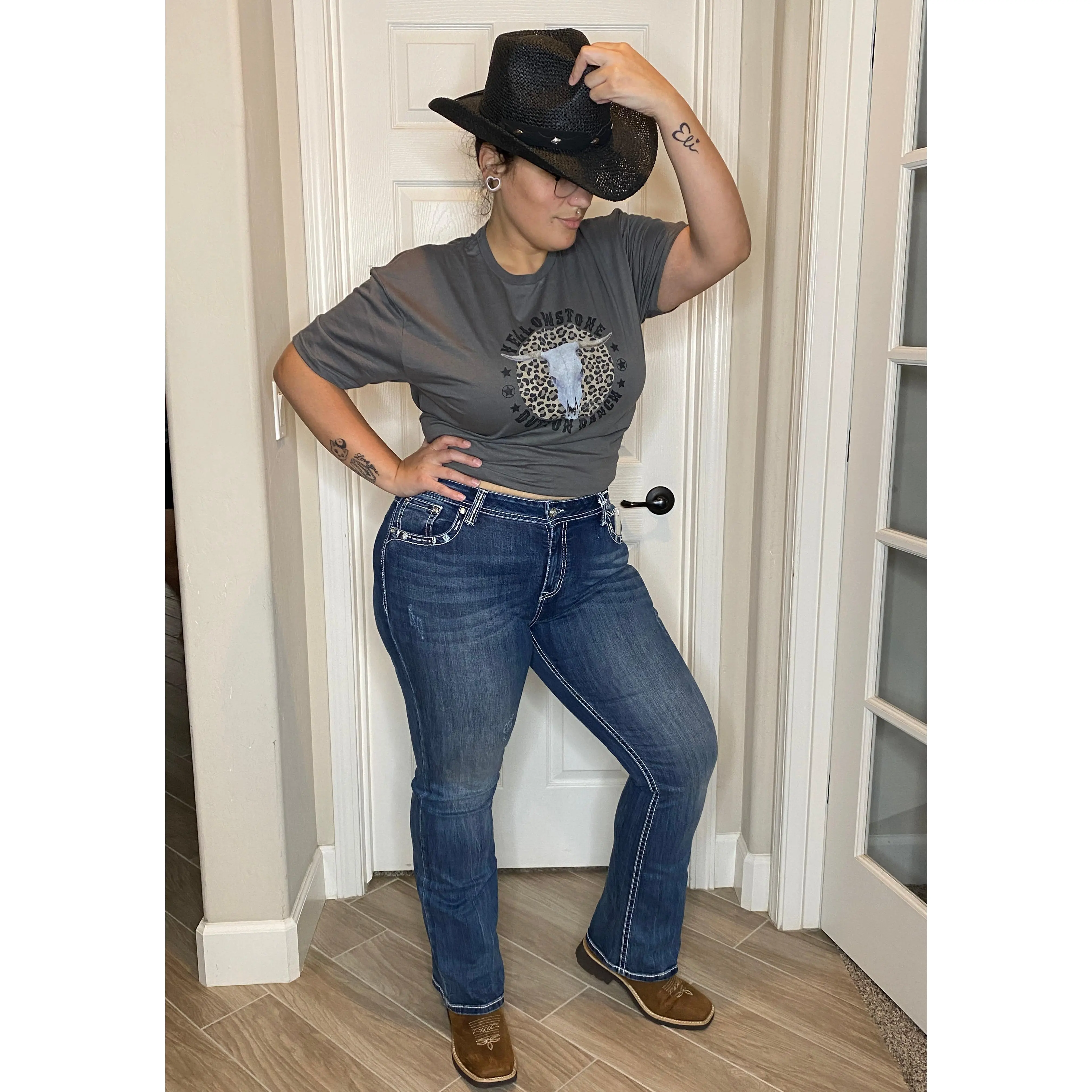 Grace In LA Mid Rise Easy Fit Bootcut Jeans with Rhinestones