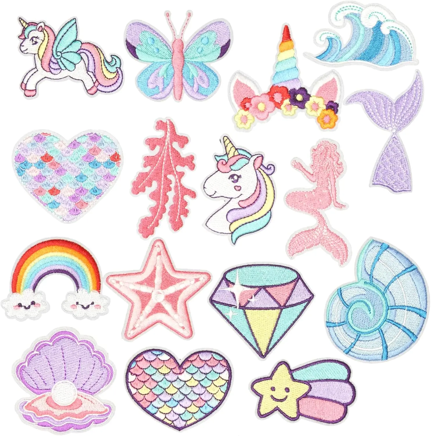 16-Piece Eco-Friendly Iron-On Unicorn Embroidered Appliques - Glossy, Durable, Hot-Melt Glue Backing, Vibrant Sewing Supplies for DIY Crafts, Backpack Appliques Embellishments, Embroidery
