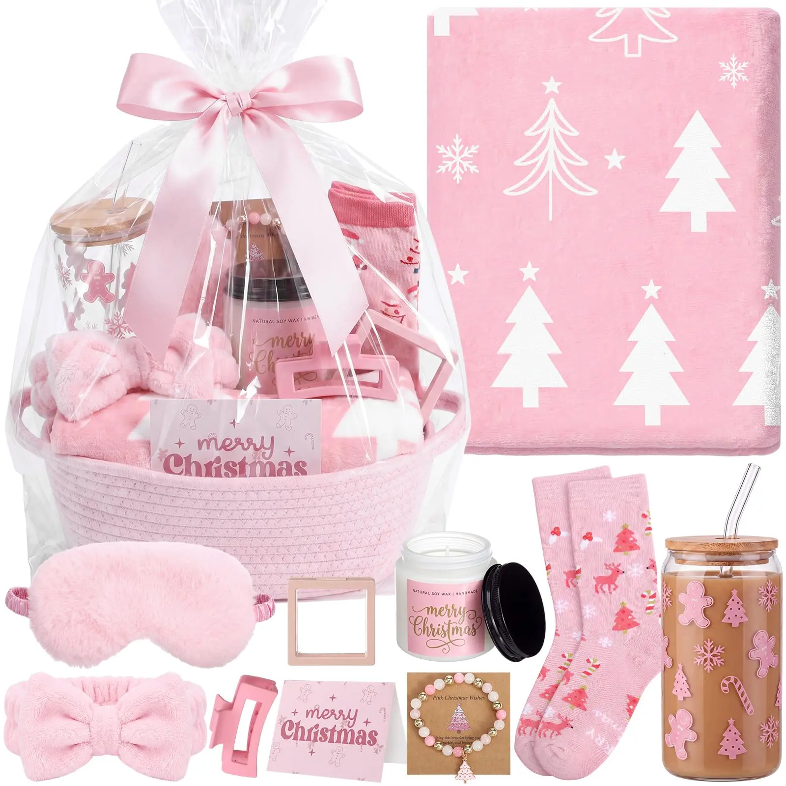 11Pcs Christmas Basket Gift Secret Santa Gifts Christmas Gifts for Women Pink Self Care Birthday Gifts With Throw Blanket Glass Tumbler Scented Candle Bracelet Socks Scrunchie Hair Claw Sleep Mask Christmas Box for Girlfriend Wife Bestie