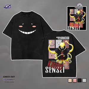 Men's Koro Sensei Anime Cute Graphic T-Shirt - Loose Round Neck, Vintage Acid Wash Heavyweight Cotton Unisex Short-Sleeve Streetwear Gift with Seamless Fabric