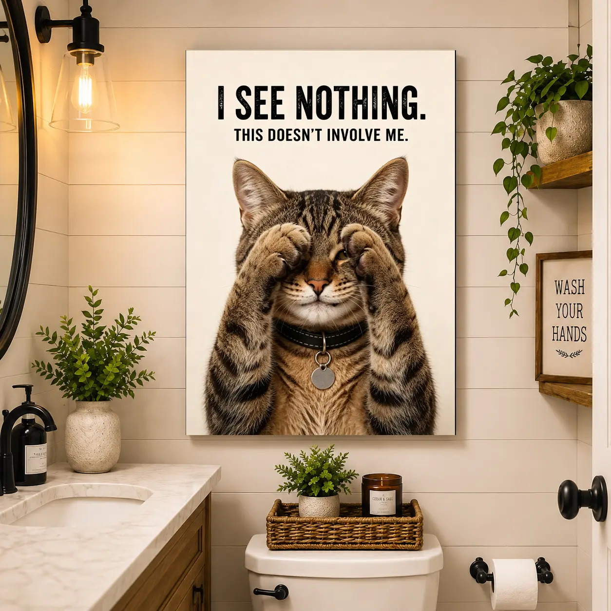 Funny Cat Canvas Wall Art | "I See Nothing. This Doesn't Involve Me." Bathroom Wall Decor, Cute Kitty Poster, Modern Farmhouse Bathroom Artwork, Funny Gift for Cat Lovers