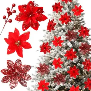 30pcs Poinsettia Artificial Christmas Flowers Decorations with Clips and Berry Stems Glitter Ornaments for Christmas Tree Wreath Fireplace Stairs Decor (Gold-3 Styles)