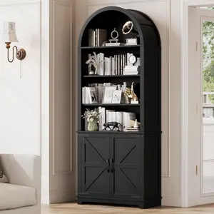 Vividwood 6-Tier Farmhouse Arched Bookcase with Doors, 70" Tall Wood Bookshelf with Storage,Open Shelves for Living Room or Office, Black
