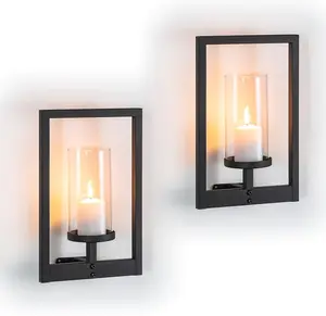 Wall Candle Sconces Set of 2: Metal Hurricane Candle Holder for Pillar Candles - Black Wall Plants Holder Morden Style Frame Decorations for Living Room Bathroom Bedroom Hallway