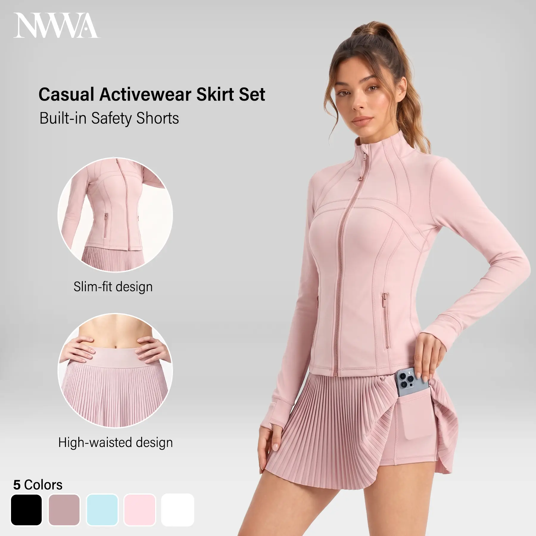 NVWA Women's 2-Piece Sports Clothing Set - Zip-Up Long Sleeve Jacket with Thumb Hole Cuffs, High-Waisted Slim-Fit Pleated Skort with Built-In Shorts for Golf, Tennis Workouts, Zip-Up Jacket, Female Wear, Golf Attire, 2 Piece Sets