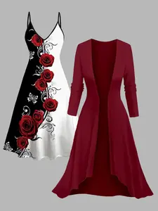 DRESSLILY 2025 Women's Contrast Color Rose Butterfly Print Dress and Open Front Long Top Set Red Dresses Matching Set, Valentine's Day gift