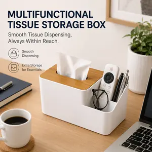 Desk Organizer with Tissue Box Cover, Multifunctional Remote Holder for Office & Dorm