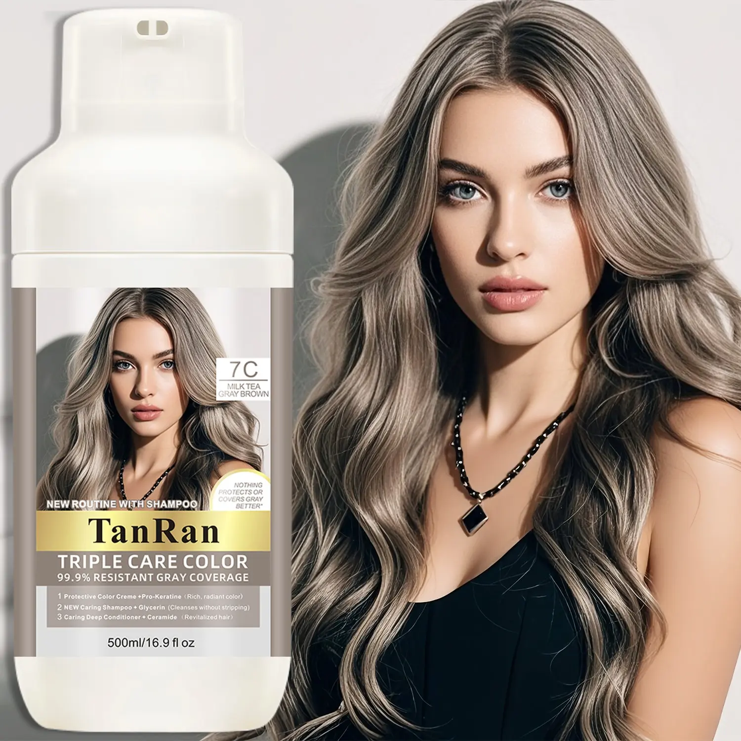 Triple Care Color 99.9% Coverage Cover Grey Hair Permanent Hair Dye, Hair Dye Cream, 7C Milk Tea, Long-Lasting 8 Weeks, All Hair Types, 500ML, Haircare