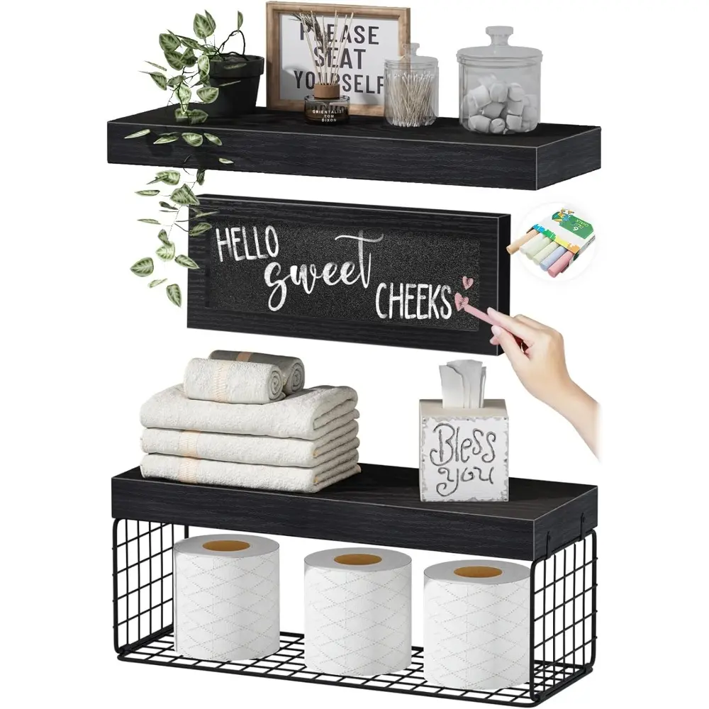 Black Farmhouse Metal Wall-Mount Over-The-Toilet Bathroom Shelves Set (2+1) - 15.7in W x 6.7in D x 1.5in H, Rustic 2 Floating Shelves, Ample Depth, Steel Build, Chalkboard Accent, Toiletry Storage Box (021B)