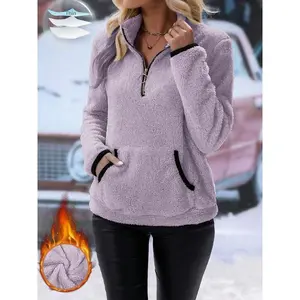 Women's Thickened Half-Zip Casual Pullover Sweater with Pockets, Stylish Ladies' Knitwear for Daily Wear & Outdoor Activities