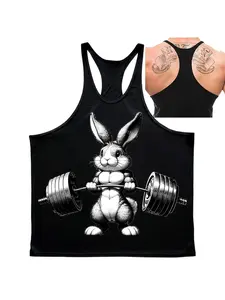 Men's Y-Back Gym Tank Top, Muscle Rabbit Lifting Barbell Print, Quick Dry Breathable Sleeveless Workout Stringer for Bodybuilding & Fitness Training, Menswear
