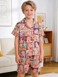 Kids Pajama Set, Fire-Resistant Knit Fabric, Cartoon Pattern, Loose-Fitting, Short Sleeve, All Seasons, Boys & Girls Sleepwear, Collared Pajama Set