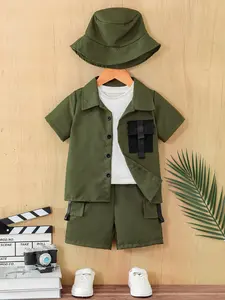 Men's Summer Short Pants Set + Hat, Pure Color Military Shirt & Pocketed Tee, Matching Workwear Shorts & Fisherman Cap