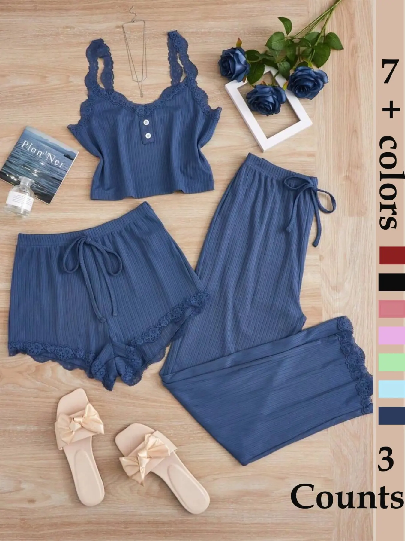 Women's Sleepwear Set, Three-Piece Lace Trim Tank Top & Shorts & Long Pants Pajamas, Soft Breathable Comfortable Casual Loungewear Outfits