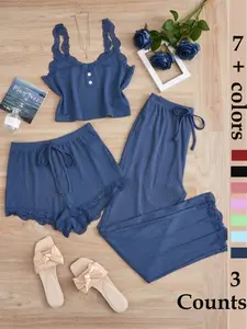 Women's Sleepwear Set, Three-Piece Round Neck Lace Trim Pajamas,dolphin shorts，Soft Breathable Comfort Casual Home Wear, Tank Top Shorts Long Pants, Loungewear