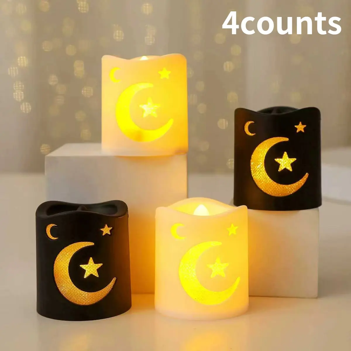 4 Counts Ramadan LED Electronic Candles, Star and Moon Pattern Decorative Lights, Ramadan Festival Atmosphere, Decoration Party Light, Home Decor Light, Indoor Lighting, Atmosphere Night Light, Led Light Up