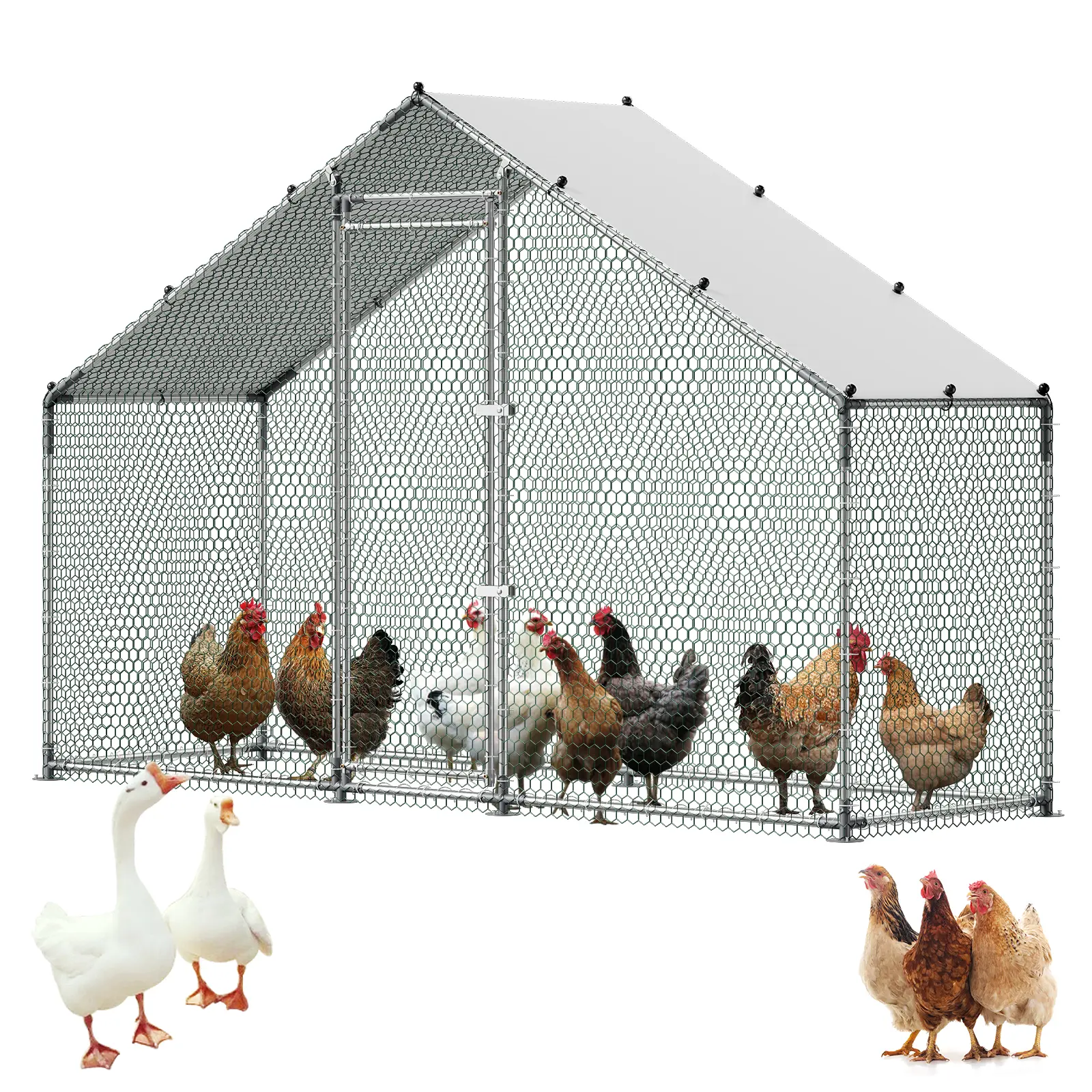 【SummerFinds】VEVOR Large Metal Chicken Coop, 9.8x3.3x6.6 ft Walk-in Poultry Cage with Waterproof Cover, Sturdy Frame, Spire Roof for Outdoor Backyard Farm Duck Housing, Large Chicken Coop