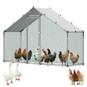 【FathersDayGift】VEVOR Large Metal Chicken Coop, 9.8x3.3x6.6 ft Walk-in Poultry Cage with Waterproof Cover, Sturdy Frame & Spire Roof, Outdoor Backyard Farm Duck Hen Rabbit Pen