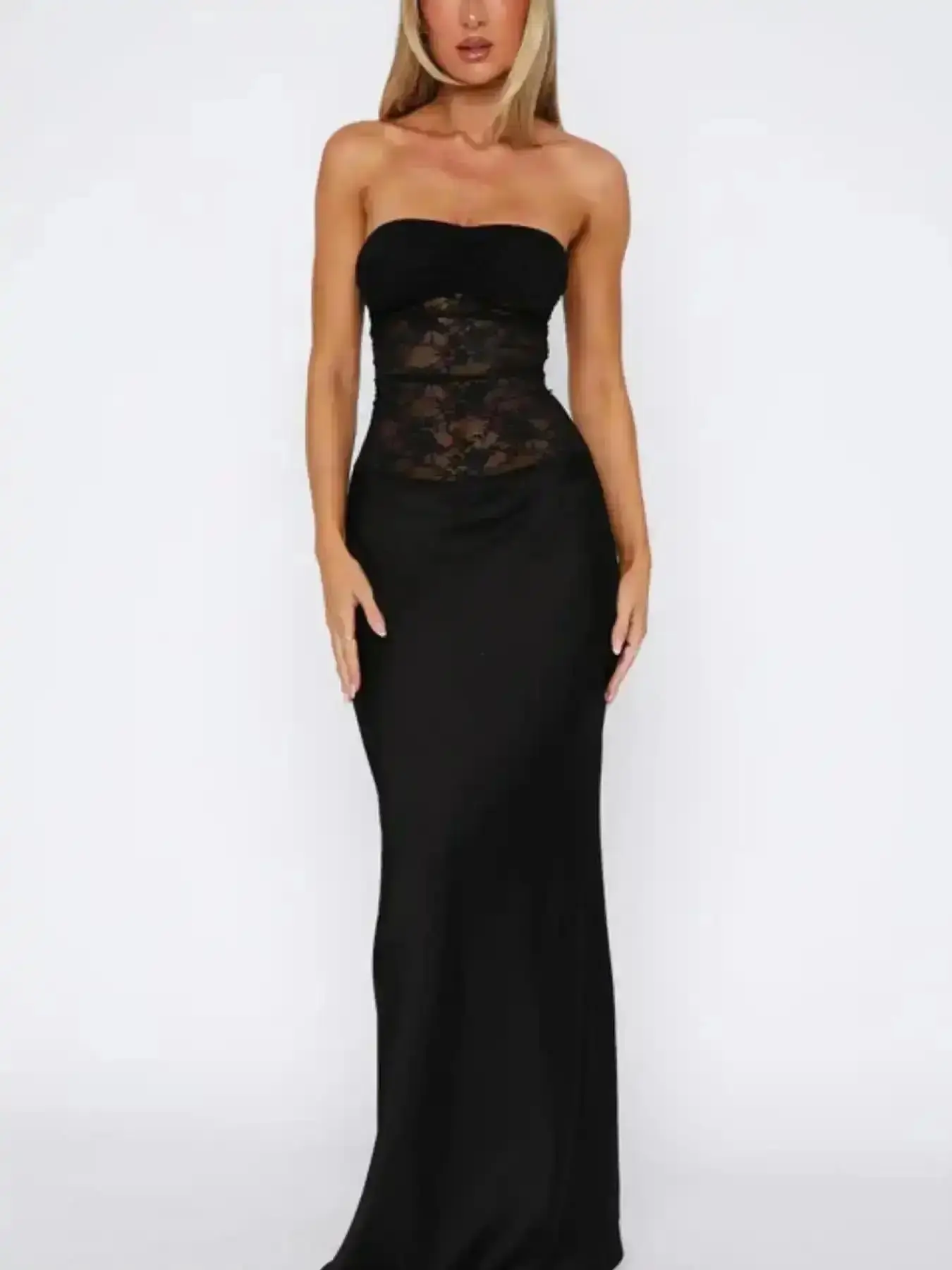 Women's Plain Contrast Lace Tube Dress, Elegant Strapless Evening Party Gown, Ladies Summer Clothes, Casual Comfy Fashion Elegant Wedding Guest Evening Party Daily Wear Women Clothing All Seasons, boho dress, Flattering