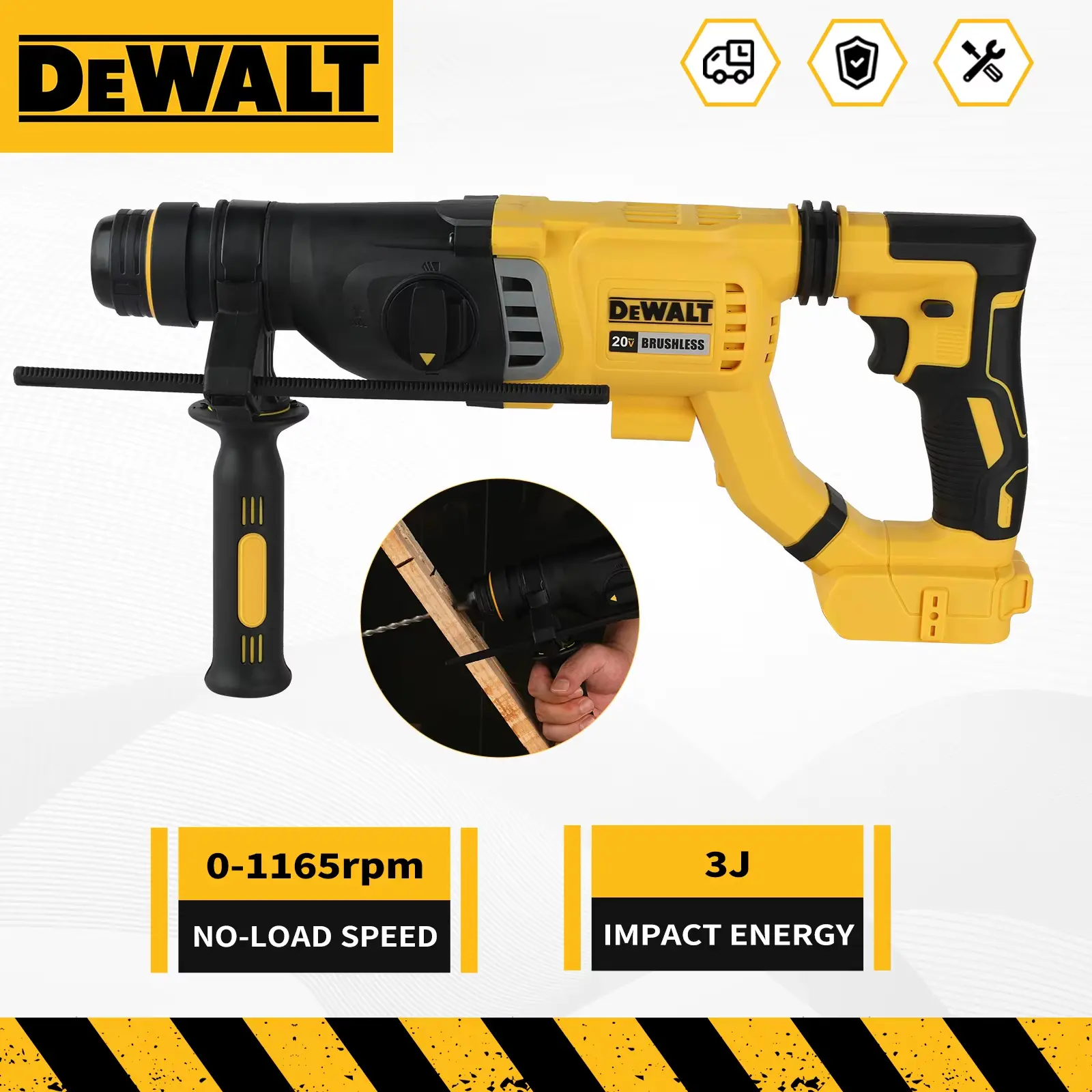 DEWALT DCH263 20V Rotary Hammer with 6.0Ah battery delivers 3.0J of impact energy. Optimized ergonomics for overhead, horizontal & downward drilling. Side handle included for extra control.  #DEWALT #HeavyDuty #NoCords Cordless Drill Set Household Tool,