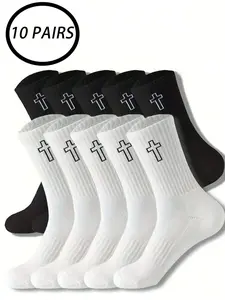 10 Pairs Cross Pattern Mid-Calf Socks, Dark Trendy Casual Style, Breathable Sweat-Absorbing, Streetwear for Men & Women Daily Wear, Unisex