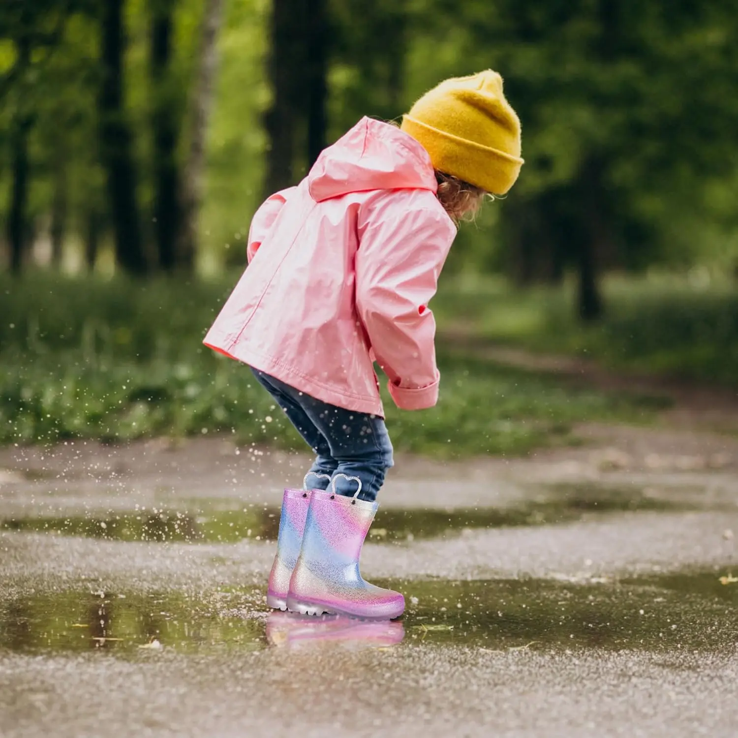 GAWBAW Toddler Light-Up Glitter Rain Boots, Waterproof Outdoor Rain Shoes with Easy-On Handles for Boys/Girls, Multi-Size Options, Rainboots For Toddlers