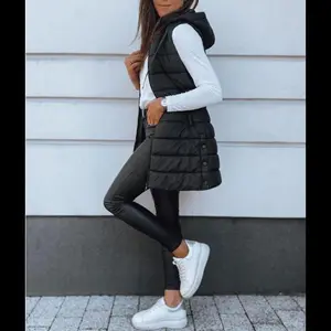 Women’s long solid-color sleeveless hooded puffer vest — breathable, lightweight casual outerwear for winter and summer; basic tank top/vest with a plain button-front design; available in black; can be worn under a raincoat.
