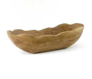 Indoor Carved Mid-Tone Brown Wood Decorative Dough Bowl