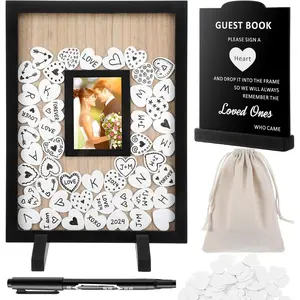 Wedding Guest Book Alternatives, Rustic Wedding Guest Book Sign Reception Drop Box with 100 Wooden Picture Frame Hearts for Wedding Anniversary Birthday Party (Black)