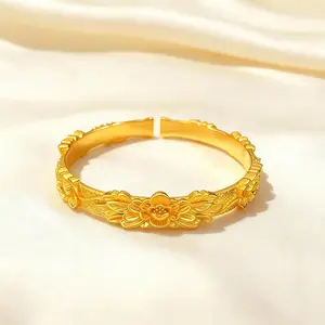 Double Happiness Peony Bracelet, Chinese Wedding Bangle, Vintage Open Design, Floral Engraved Gold Cuff for Bride