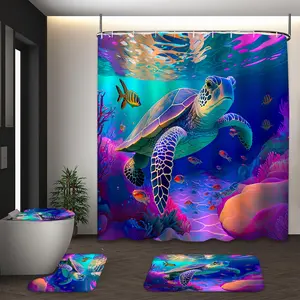LVRLVR 4Pcs Colorful Underwater Sea Turtle Print Vibrant Ocean Multi-Color Bathroom Decor Shower Curtain Set 70.8×70.8 Inch