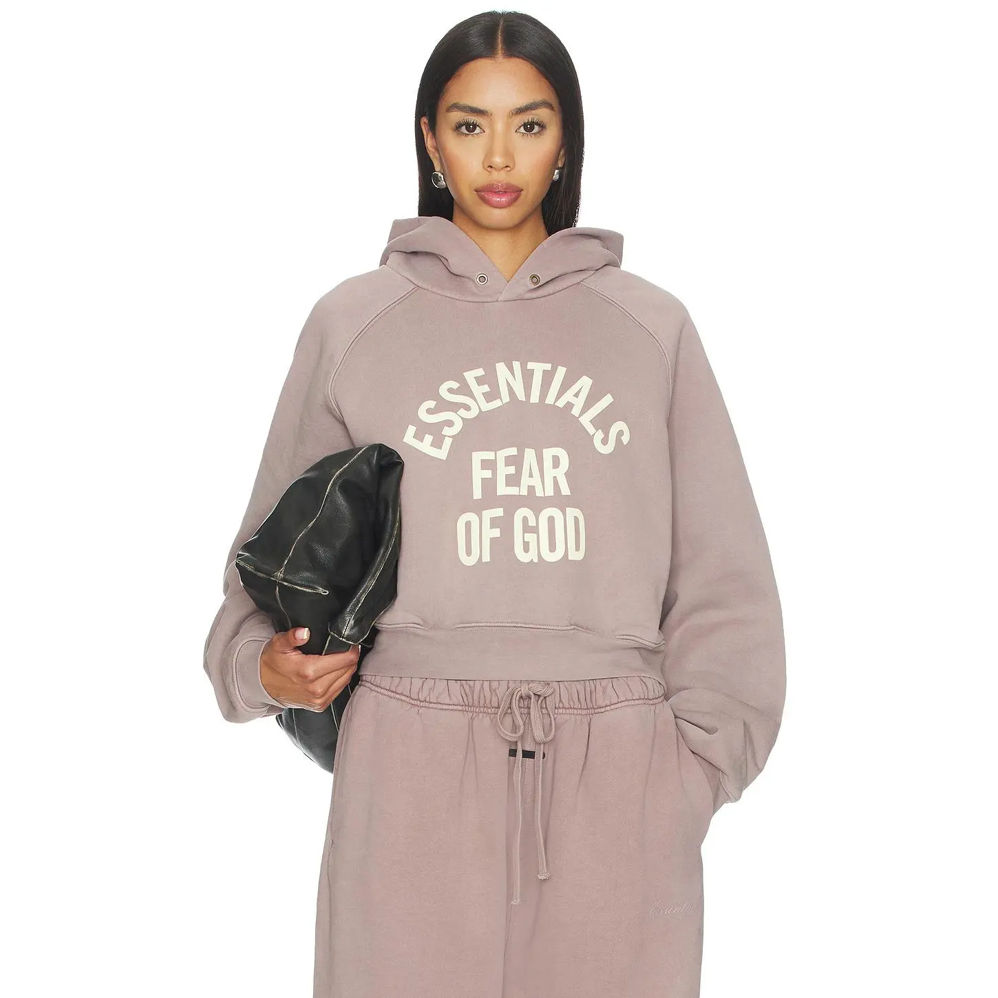 Fear of God ESSENTIALS Campus 90's Cropped Raglan Hoodie in Faded Mauve