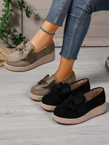 Women's Spring Fashion Design Bow Velvet Thick Sole Flatform Loafers, Comfortable Slip-On Casual Shoes, Round Toe Textile Upper, Plain Pattern, Elegant Plain Loafers