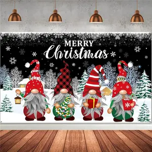 Merry Christmas Gnome Backdrop 72.8x43.3 in – Xmas Wall Banner for Photography, Holiday Party Decoration, Winter Wonderland Photo Booth Background, Santa Gnome Decor, Indoor Outdoor Christmas Wall Hanging, Christmas Banner, home decor